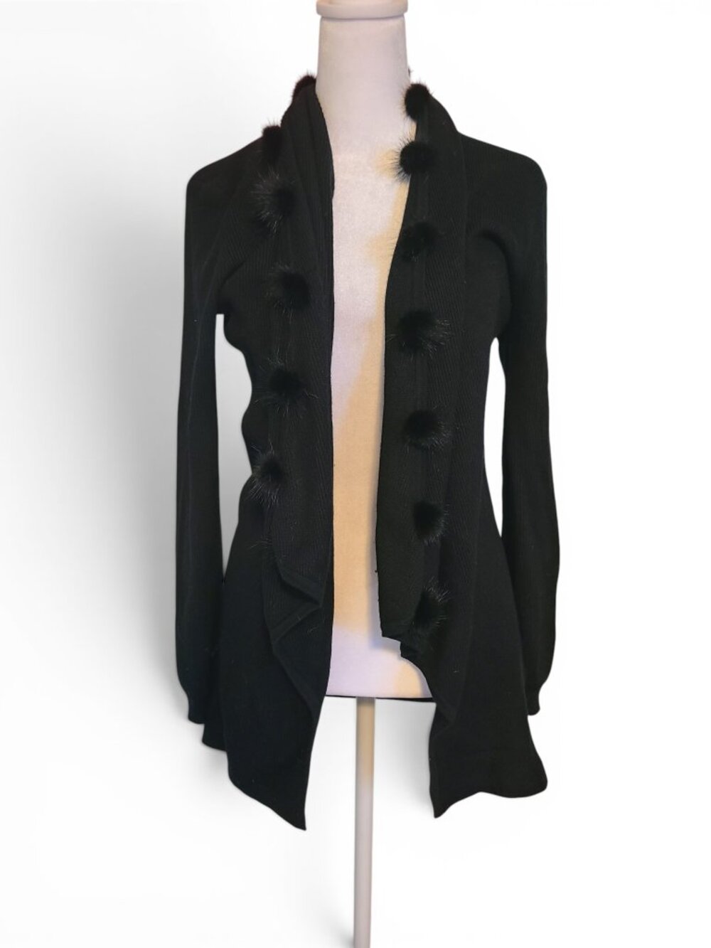 VIntage Y2K Black Fuzzy Pom Pom Open Front Cardigan Sweater Womens Size Small